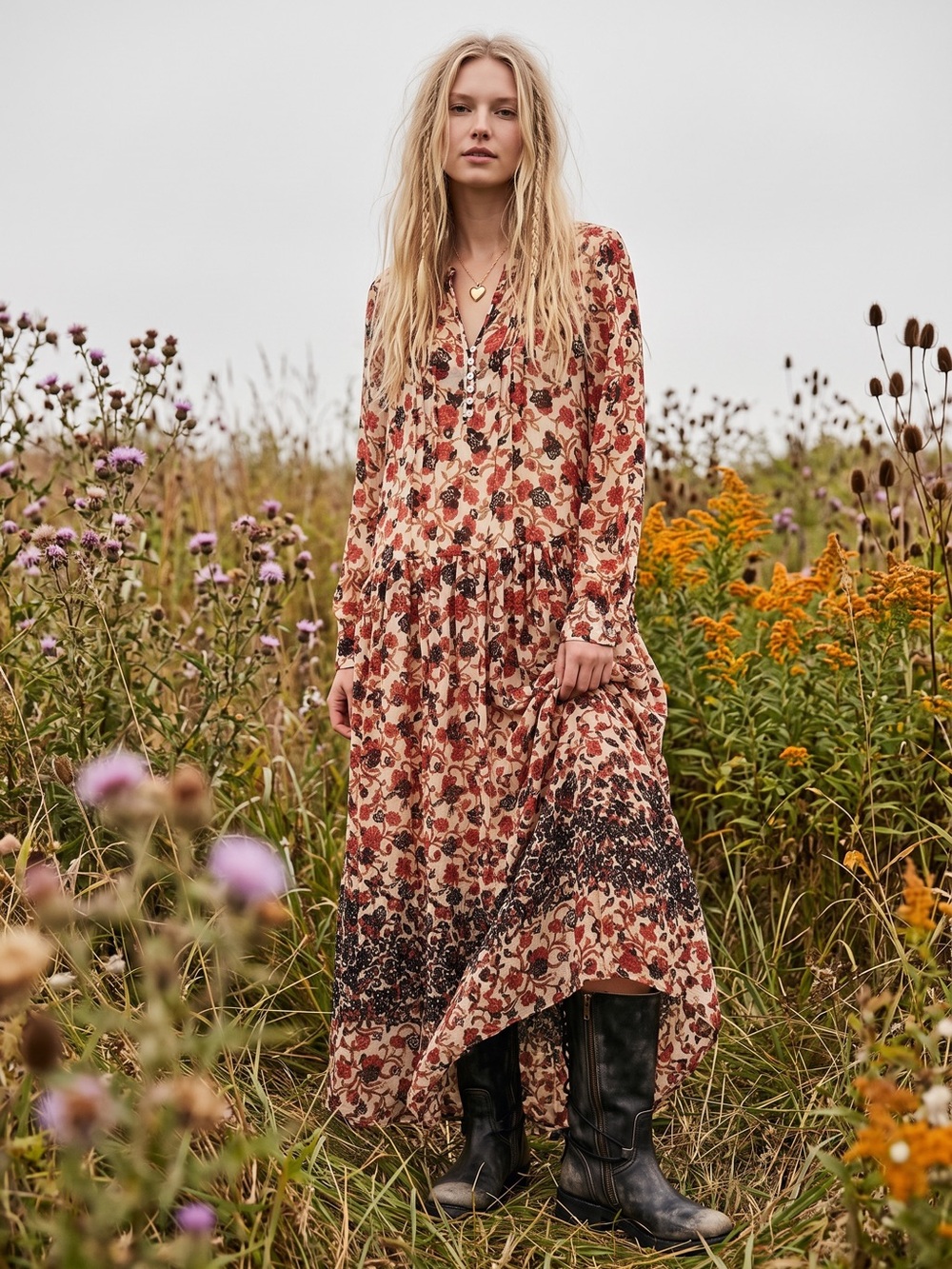 Free People Bohemian Billowy Floral See It Through Maxi Dress Tea Combo Large